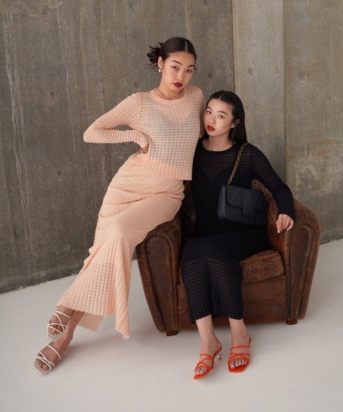 TINA：JOJUN（ティーナジョジュン）の「シアーチェック ニットスカート TINA：JOJUN（スカート・レディース・ネイビー/コーラル・S/M）」の9枚目の写真