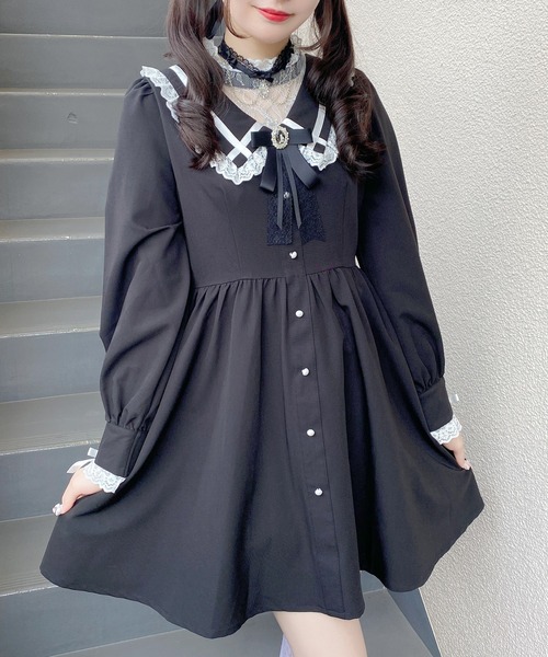 ROJITA（ロジータ）の「デコルテレースレイヤードカラーワンピース（ワンピース・レディース・ブルー/ブラック/ベージュ・FREE）」の2枚目の写真