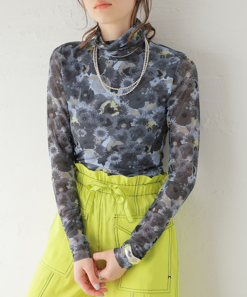 トップス GANNI PRINTED MESH LONG SLEEVE ROLLNECK GANNI ガニー シアー トップス Printed Mesh Long Sleeve