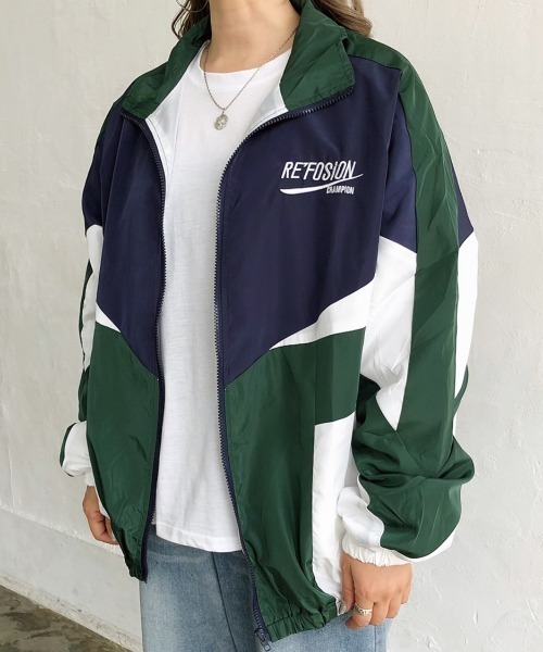 No.1413 VINTAGE ジャケット ブルゾン フルジップ ワントーン 緑 3配色切り替えロゴ刺しゅうルーズブルゾン 春 夏[品番