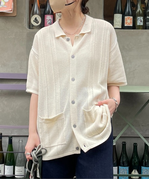 CPCM（シーピーシーエム）の「半袖ニットポロカーディガン（カーディガン/ボレロ・メンズ・グリーン/アイボリー/ブラック・MEDIUM/LARGE）」の2枚目の写真