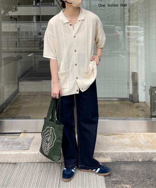 CPCM（シーピーシーエム）の「半袖ニットポロカーディガン（カーディガン/ボレロ・メンズ・グリーン/アイボリー/ブラック・MEDIUM/LARGE）」の4枚目の写真