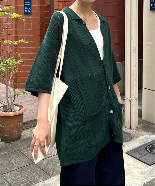 CPCM（シーピーシーエム）の「半袖ニットポロカーディガン（カーディガン/ボレロ・メンズ・グリーン/アイボリー/ブラック・MEDIUM/LARGE）」の7枚目の写真