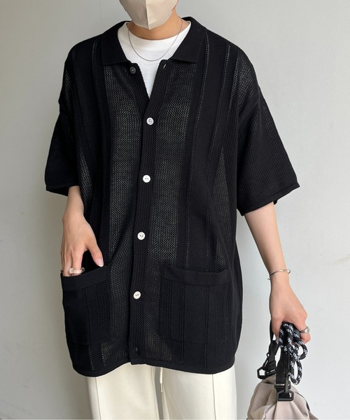 CPCM（シーピーシーエム）の「半袖ニットポロカーディガン（カーディガン/ボレロ・メンズ・グリーン/アイボリー/ブラック・MEDIUM/LARGE）」の6枚目の写真