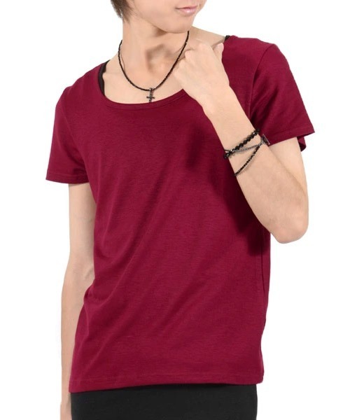 LUXSTYLE（ラグスタイル）の「Aegnoir(イグノア) ワイドＵネック無地Tシャツ（Tシャツ/カットソー・メンズ・ブラック/グレー/レッド/ホワイト/モカ/杢グレー/チャコール/ダークブラウン/パープル/ネイビー・M/L/XL/XXL）」の10枚目の写真