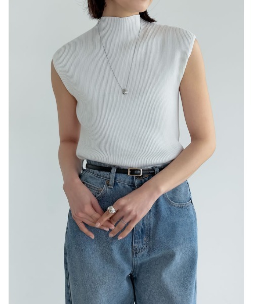 Re:EDIT（リエディ）の「[神山まりあさん着用][2024SS COLLECTION]プチハイネックノースリーブレーヨンブレンドサマーリブニットトップス（タンクトップ・レディース・ブラウン/ブラック/ホワイト/ホワイト×ネイビー/グレー/ベージュ・LARGE/MEDIUM）」の15枚目の写真