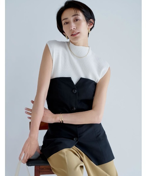 Re:EDIT（リエディ）の「[神山まりあさん着用][2024SS COLLECTION]プチハイネックノースリーブレーヨンブレンドサマーリブニットトップス（タンクトップ・レディース・ブラウン/ブラック/ホワイト/ホワイト×ネイビー/グレー/ベージュ・LARGE/MEDIUM）」の14枚目の写真