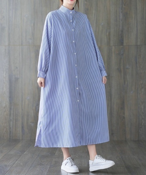 MAISON BREEZE（メゾンブリーズ）の「【MAISON BREEZE】スタンドカラーストライプシャツワンピース SCCH355（シャツワンピース・レディース・レッド/ブラック/ライトブルー/ブルー・FREE）」の3枚目の写真