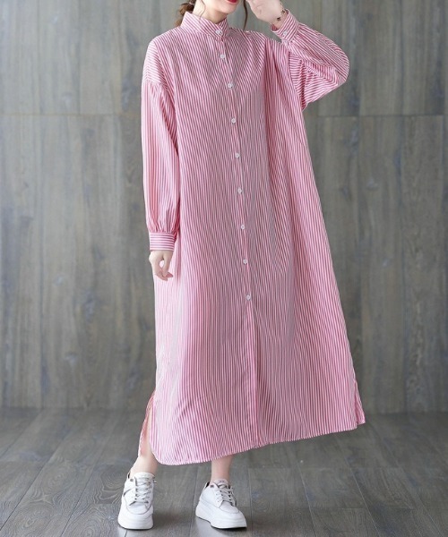 MAISON BREEZE（メゾンブリーズ）の「【MAISON BREEZE】スタンドカラーストライプシャツワンピース SCCH355（シャツワンピース・レディース・レッド/ブラック/ライトブルー/ブルー・FREE）」の5枚目の写真