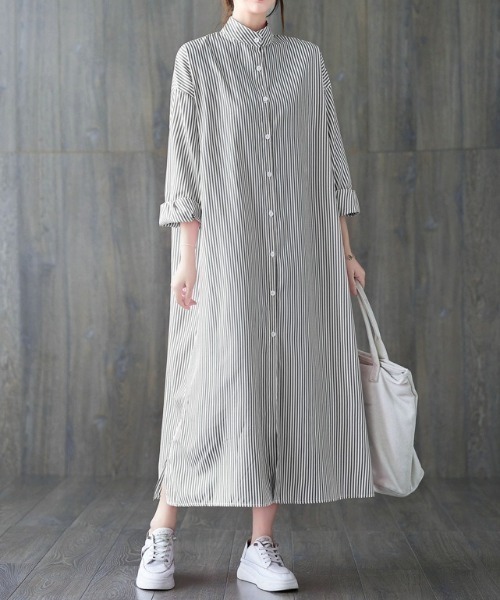 MAISON BREEZE（メゾンブリーズ）の「【MAISON BREEZE】スタンドカラーストライプシャツワンピース SCCH355（シャツワンピース・レディース・レッド/ブラック/ライトブルー/ブルー・FREE）」の7枚目の写真