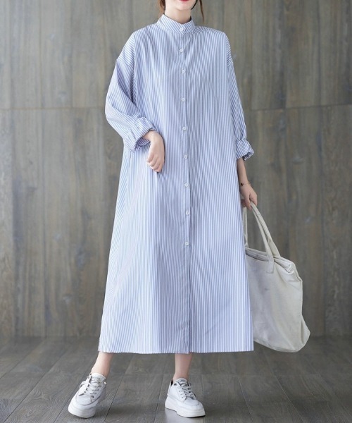 MAISON BREEZE（メゾンブリーズ）の「【MAISON BREEZE】スタンドカラーストライプシャツワンピース SCCH355（シャツワンピース・レディース・レッド/ブラック/ライトブルー/ブルー・FREE）」の15枚目の写真