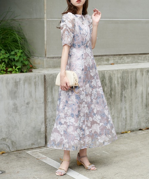 natural couture ❁⃘ オパール花柄パワショルワンピース オケージョン対応可能 / オパール花柄パワショルワンピース