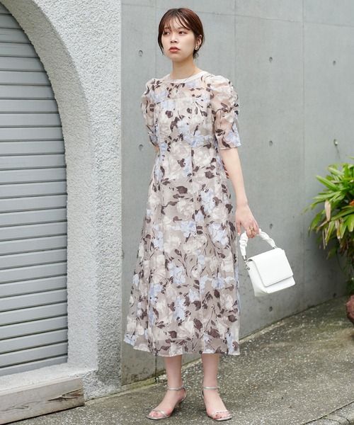 natural couture ❁⃘ オパール花柄パワショルワンピース オケージョン対応可能 / オパール花柄パワショルワンピース