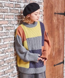 CUBE SUGAR | 洗えるニットパッチワークケーブルプルオーバー(ニット/セーター)