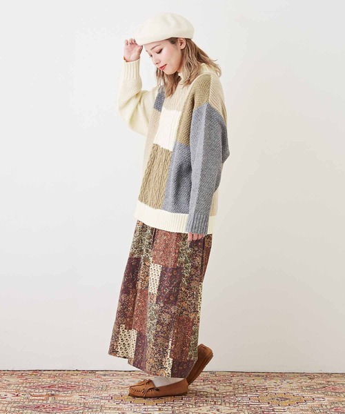 CUBE SUGAR（キューブシュガー）の「洗えるニットパッチワークケーブルプルオーバー（ニット/セーター・レディース・ベージュ系/グリーン系その他/イエロー系・M）」の14枚目の写真