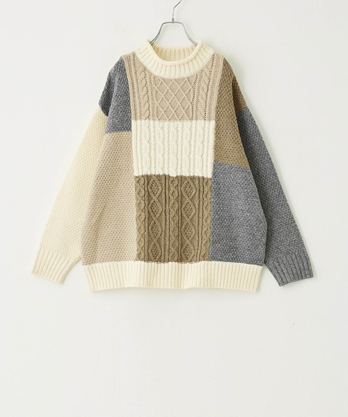 CUBE SUGAR（キューブシュガー）の「洗えるニットパッチワークケーブルプルオーバー（ニット/セーター・レディース・ベージュ系/グリーン系その他/イエロー系・M）」の7枚目の写真