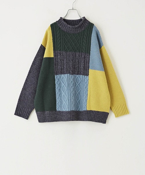 CUBE SUGAR（キューブシュガー）の「洗えるニットパッチワークケーブルプルオーバー（ニット/セーター・レディース・ベージュ系/グリーン系その他/イエロー系・M）」の11枚目の写真