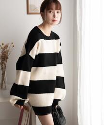 WEGO | WEGO/【23年秋冬新作】ボーダーフラッフィービッグニット(ニット/セーター)