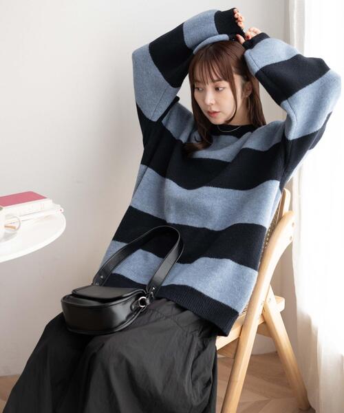 WEGO（ウィゴー）の「WEGO/ボーダーフラッフィービッグニット（ニット/セーター・レディース・ネイビー/ブラック系その他5/ピンク・FREE）」の8枚目の写真