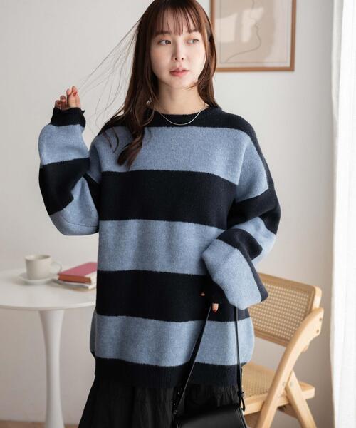 WEGO（ウィゴー）の「WEGO/ボーダーフラッフィービッグニット（ニット/セーター・レディース・ネイビー/ブラック系その他5/ピンク・FREE）」の9枚目の写真