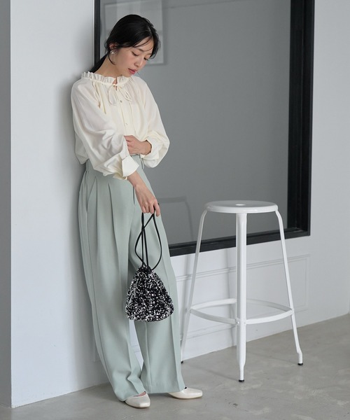 美品 ネストローブ 洗える フリルギャザー リネンブラウス ネイビー チビ襟 肩ギャザーフリル付きノースリーブコットンブラウス