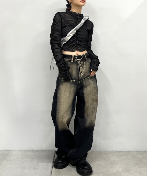 Six M（シックスエム）の「【Six M/シックスエム】ギャザー2WAY L/Sトップス（Tシャツ/カットソー・レディース・ブラウン/ブルー/ブラック・FREE）」の14枚目の写真