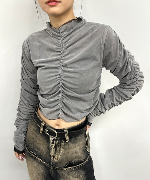 Six M（シックスエム）の「【Six M/シックスエム】ギャザー2WAY L/Sトップス（Tシャツ/カットソー・レディース・ブラウン/ブルー/ブラック・FREE）」の4枚目の写真