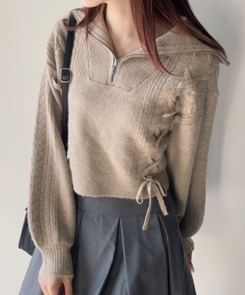 one way（ワンウェイ）の「【 新色追加 】レーシングハーフジップニット（ニット/セーター・レディース・ブルー/ホワイト/ベージュ/グレー/アイボリー/パープル/グリーン・FREE）」の5枚目の写真