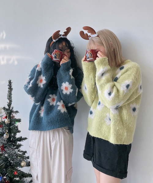 AS KNOW AS plus（アズノゥアズプラス）の「◎モヘアタッチ総花柄ニットプルオーバー（ニット/セーター・レディース・ブラック/ブルー/ライトグリーン・FREE）」の12枚目の写真