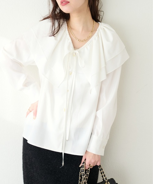 natural couture（ナチュラルクチュール）の「osonoフリルケープ付きマルチWAYブラウス（シャツ/ブラウス・レディース・ブラック/ドット/オフホワイト/グレイッシュベージュ・FREE）」の5枚目の写真