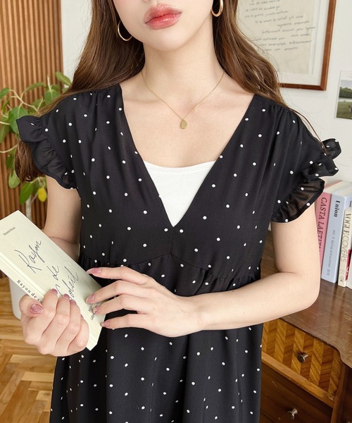 ひまわりMuses■42■ タックリボンワンピース ■ブラック■ セール】ドット&ハートプリントバックリボンワンピース