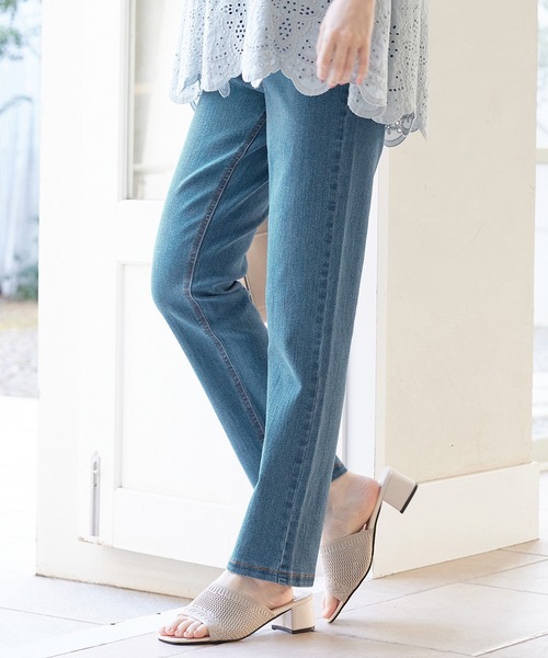 Viola e Viola(ヴィオラエヴィオラ)の「のび心地デニムチュニックパンツ(デニムパンツ・レディース・ネイビー/ブラック/ワンウォッシュ・M/3L/L/LL/4L/5L)」の3枚目の写真