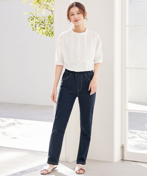 Viola e Viola(ヴィオラエヴィオラ)の「のび心地デニムチュニックパンツ(デニムパンツ・レディース・ネイビー/ブラック/ワンウォッシュ・M/3L/L/LL/4L/5L)」の6枚目の写真
