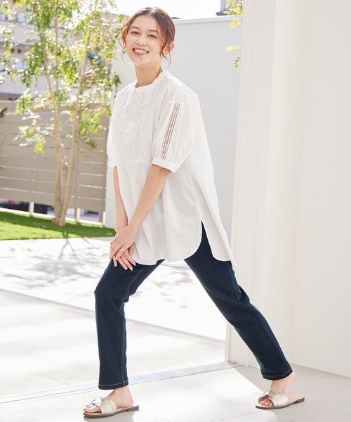 Viola e Viola(ヴィオラエヴィオラ)の「のび心地デニムチュニックパンツ(デニムパンツ・レディース・ネイビー/ブラック/ワンウォッシュ・M/3L/L/LL/4L/5L)」の11枚目の写真