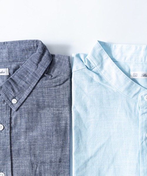 NYLAUS（ナイラス）の「レギュラーフィット ボタンダウン/バンドカラー ショートスリーブ シャンブレーシャツ（シャツ/ブラウス・メンズ・サックスブルー系1/ブルー系1/ネイビー系1/ベージュ系2/ベージュ系1/ホワイト系1/ホワイト系2・M/L/LL）」の8枚目の写真