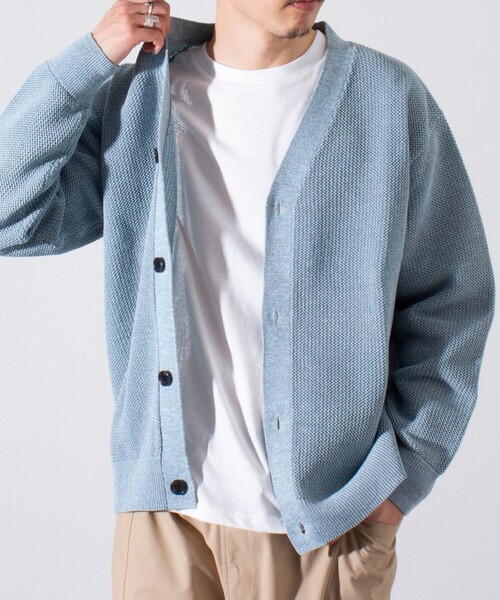 GLOSTER(グロスター)の「【ニット+Tシャツの2点セット】レイヤード Vネック カーディガン MIXニット(カーディガン/ボレロ・メンズ・ライトパープル/サックスブルー/イエロー・M/S/L)」の1枚目の写真