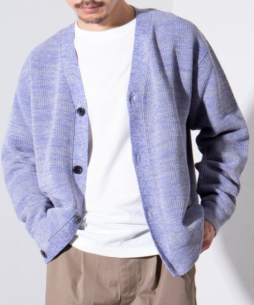 GLOSTER(グロスター)の「【ニット+Tシャツの2点セット】レイヤード Vネック カーディガン MIXニット(カーディガン/ボレロ・メンズ・ライトパープル/サックスブルー/イエロー・M/S/L)」の21枚目の写真