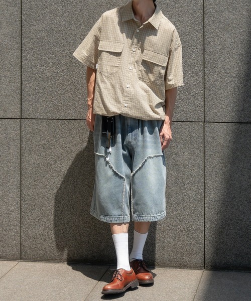 Perushu（ペルーシュ）の「ドローコード付きダブルポケットチェックシャツ（シャツ/ブラウス・メンズ・ダークブラウン/ライトカーキ/ベージュ・MEDIUM/LARGE）」の10枚目の写真