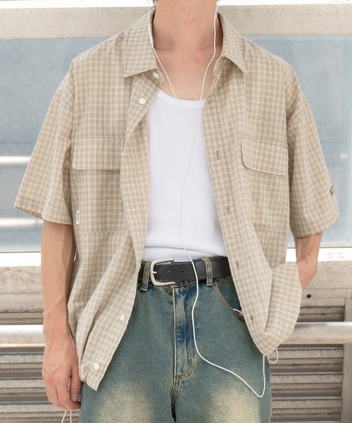 Perushu（ペルーシュ）の「ドローコード付きダブルポケットチェックシャツ（シャツ/ブラウス・メンズ・ダークブラウン/ライトカーキ/ベージュ・MEDIUM/LARGE）」の17枚目の写真