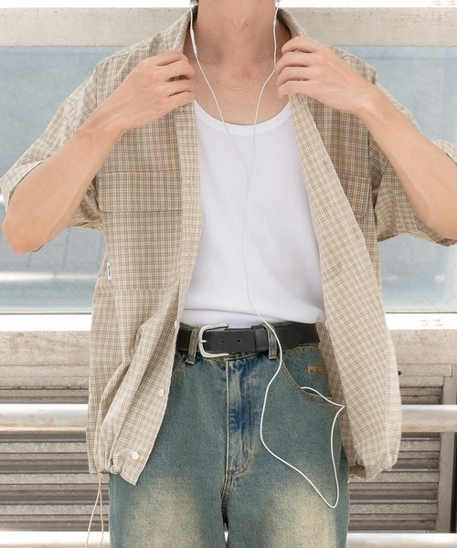 Perushu（ペルーシュ）の「ドローコード付きダブルポケットチェックシャツ（シャツ/ブラウス・メンズ・ダークブラウン/ライトカーキ/ベージュ・MEDIUM/LARGE）」の16枚目の写真