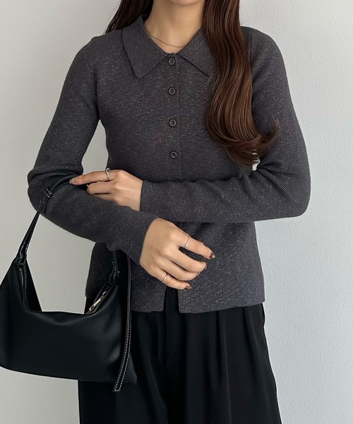 セール】ラメリブ長袖ニットポロ[高身長サイズMT有り]（ポロシャツ