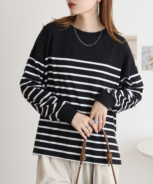 atONE（アットワン）の「atONE パネルストライプデザインロングスリーブTシャツ（Tシャツ/カットソー・レディース・ホワイト×ブラック/ブラック×ホワイト・M-L/4L～5L/LL～3L）」の12枚目の写真