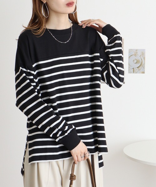 atONE（アットワン）の「atONE パネルストライプデザインロングスリーブTシャツ（Tシャツ/カットソー・レディース・ホワイト×ブラック/ブラック×ホワイト・M-L/4L～5L/LL～3L）」の13枚目の写真