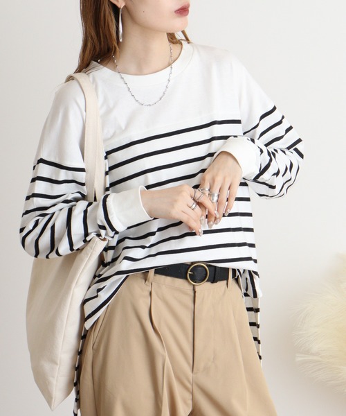 atONE（アットワン）の「atONE パネルストライプデザインロングスリーブTシャツ（Tシャツ/カットソー・レディース・ホワイト×ブラック/ブラック×ホワイト・M-L/4L～5L/LL～3L）」の19枚目の写真