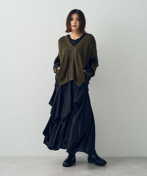 Editt by YECCA VECCA(エディットバイイェッカヴェッカ)の「MA-1ドッキングニットカーディガン(カーディガン/ボレロ・レディース・ブラック/カーキ・FREE)」の15枚目の写真