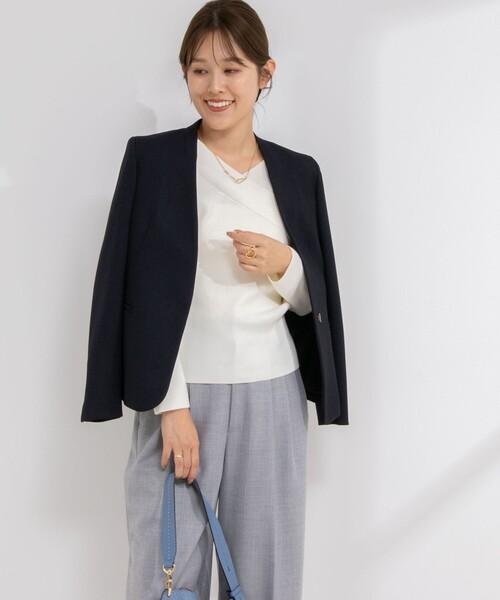 NOLLEY’S Sophi(ノーリーズソフィ)の「《セットアップ対応》ウォッシャブルウール調サージノーカラージャケット(ノーカラージャケット・レディース・ネイビー/グレイッシュベージュ/オフホワイト/ブラック・38/36/40)」の9枚目の写真