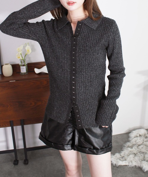 【ZOZO限定】フロントホックメランジニットカーディガン／長袖 襟付き ポロニット リブ シンプル きれいめ 大人カジュアル モード チャコール グレー ブラック モノトーン（カーディガン/ボレロ）｜Reurie'（レウリィ）