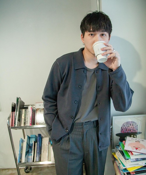 ZIP FIVE -White Line-（ジップファイブホワイトライン）の「【White Line】 スプリング ニット ポロカーディガン / 短丈 カーディガン（カーディガン/ボレロ・メンズ・ブラック/ブラウン/チャコール/グリーン系・MEDIUM/LARGE/X-LARGE）」の20枚目の写真
