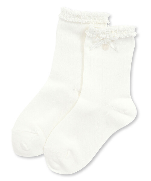 Tartine et Chocolat（タルティーヌエショコラ）の「【日本製】【お揃い】コットンシルケットレースリボンソックス(13~21cm)（ソックス/靴下・キッズ・グレー/ホワイト・19.0cm/17.0cm/15.0cm/21.0cm）」の2枚目の写真