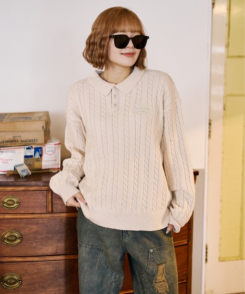 sedacle(セダクル)の「加工ケーブルニットポロ(ニット/セーター・メンズ・アイボリー/ネイビー/ブラウン・SMALL/MEDIUM/LARGE)」の2枚目の写真
